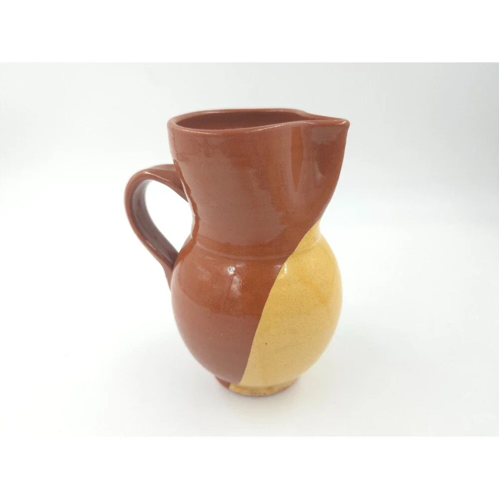 Vintage Two-Tone Stoneware Pottery Crock Water Pitcher 7.25” Tall UNKNOWN MAKER